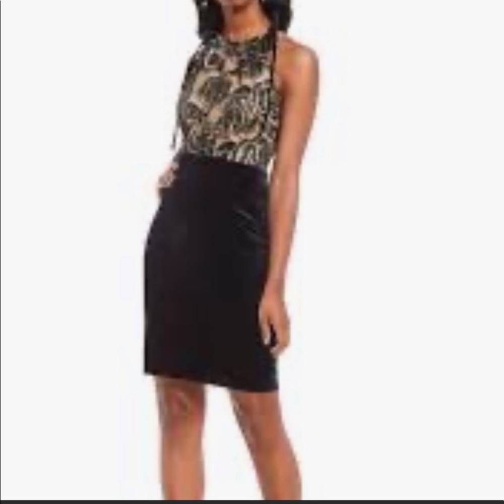 Badgley Mischka Halter Dress Black Gold Lace Embroidered Floral Velvet Sexy NWT